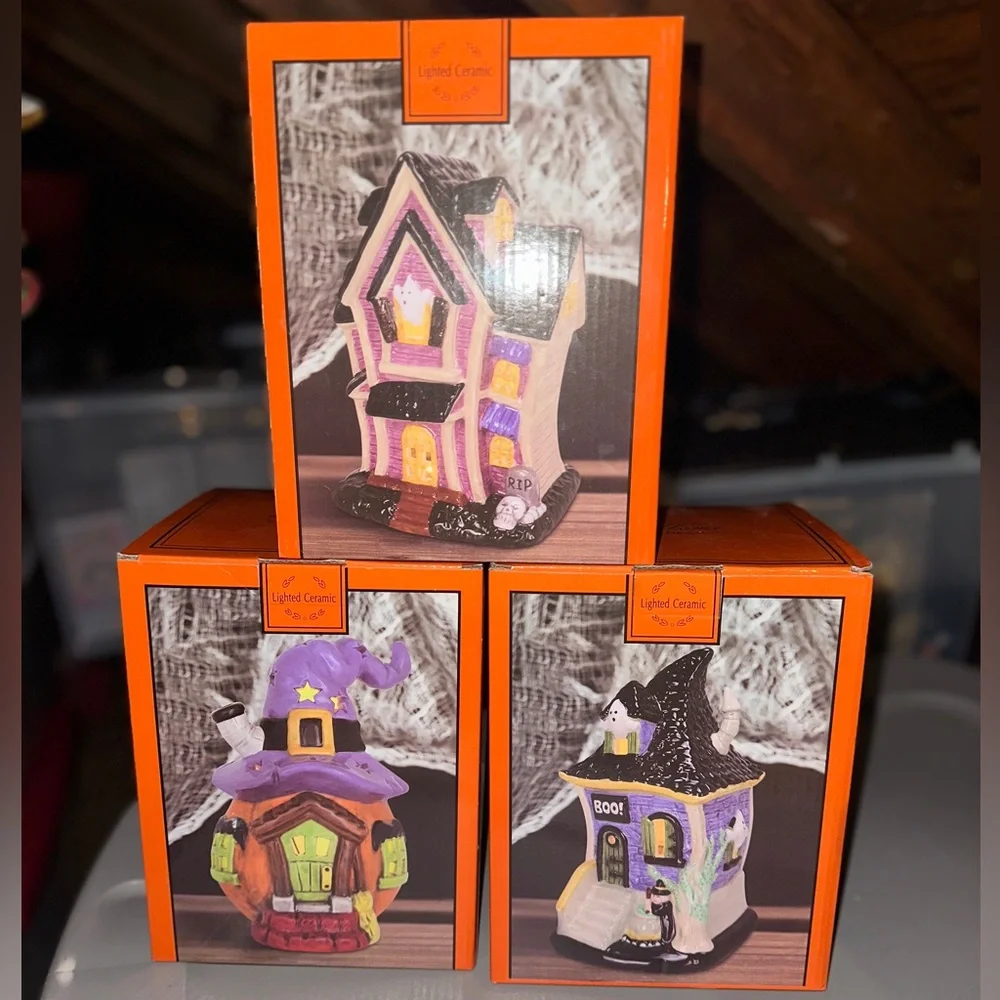 Halloween Lighted Ceramic Houses Set